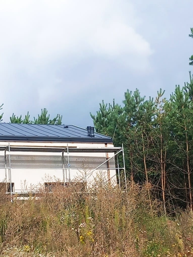 Dom z ciemnym, płaskim dachem, częściowo zasłonięty rusztowaniem i wysoką trawą. Widoczne drzewa iglaste w tle i pochmurne niebo.