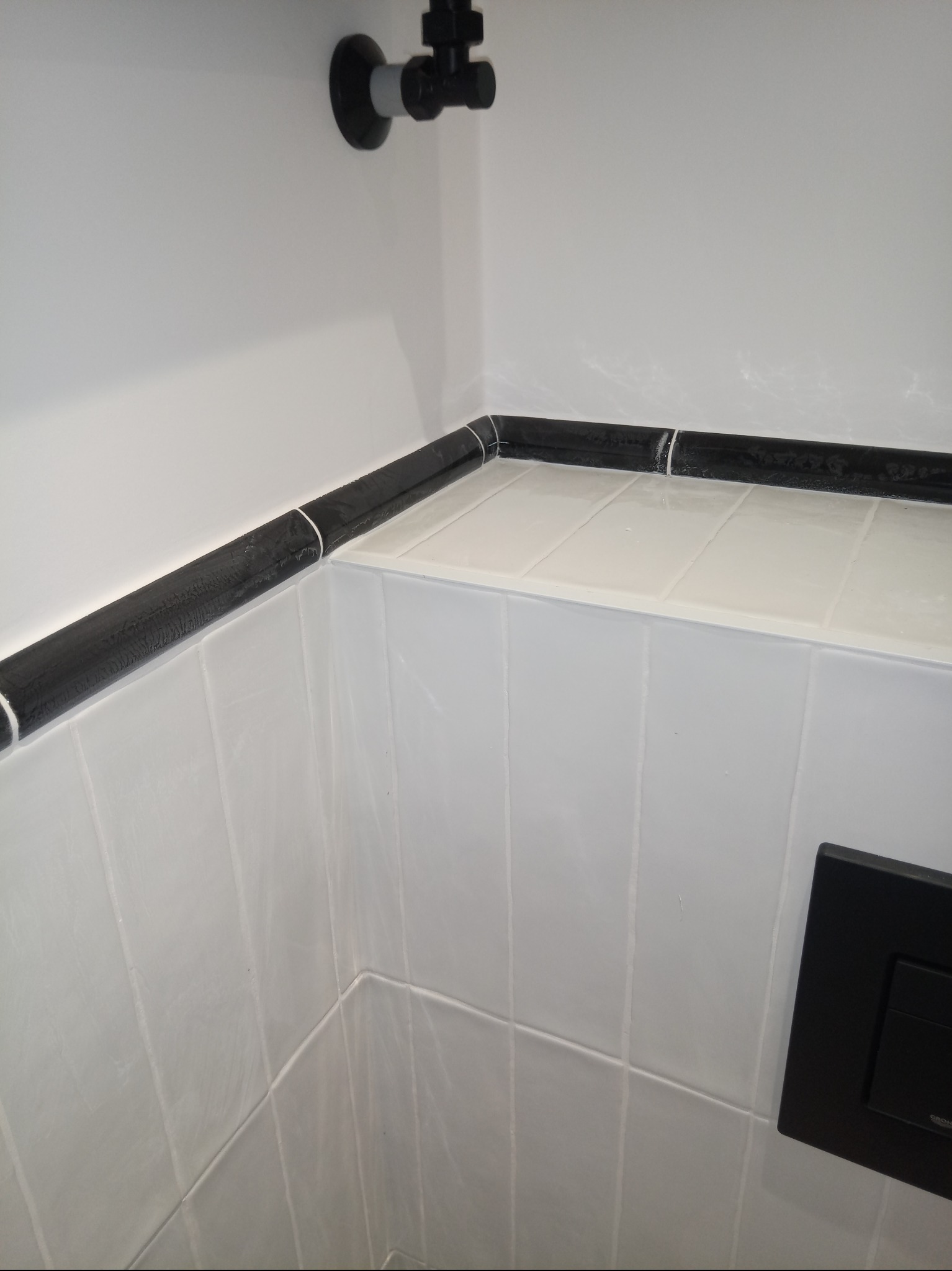 Białe płytki ścienne z czarnym, błyszczącym dekorem i czarnym przyciskiem spłuczki w narożniku łazienki. Widoczny fragment instalacji wodnej.