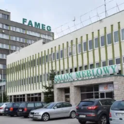 Budynek salonu meblowego FAMEG z zaparkowanymi samochodami na parkingu przed wejściem.