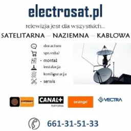 Grafika reklamowa firmy electrosat.pl oferującej telewizję satelitarną, naziemną i kablową, z listą usług: doradztwo, sprzedaż, instalacja, konfiguracja, serwis oraz logotypami Cyfrowy Polsat...