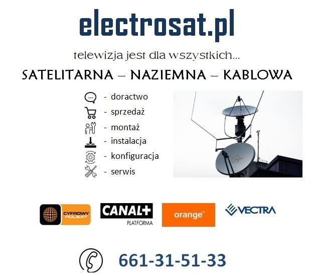 Grafika reklamowa firmy electrosat.pl oferującej telewizję satelitarną, naziemną i kablową, z listą usług: doradztwo, sprzedaż, instalacja, konfiguracja, serwis oraz logotypami Cyfrowy Polsat...