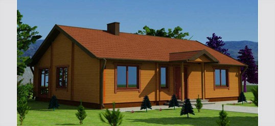 Wizualizacja parterowego domu z drewnianą elewacją, czerwoną dachówką i brązowymi ramami okiennymi, otoczonego zielonym trawnikiem i młodymi drzewkami iglastymi na tle gór.