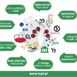 Grafika ilustrująca czynniki wpływające na brak zdolności kredytowej: niska punktacja w BIK, duża ilość chwilówek, wpisy w bazach BIG i KRD, słabe wyniki finansowe, opóźnienia w spłacie, zaległości...