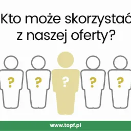 Grafika prezentująca pytanie 'Kto może skorzystać z naszej oferty?' z pięcioma schematycznymi postaciami, z kt&oacute;rych środkowa jest w kolorze złotym, a pozostałe szare, wszystkie z pytajnikami...