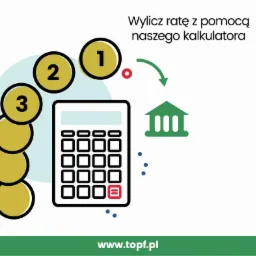 Grafika wektorowa przedstawiająca proces obliczania raty: od numerowanych kół (1, 2, 3) do kalkulatora, a następnie do ikony banku, z tekstem 'Wylicz ratę z pomocą naszego kalkulatora' i adresem...