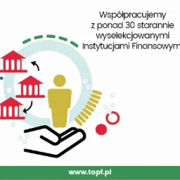 Grafika ilustrująca współpracę z instytucjami finansowymi: trzy czerwone budynki z kolumnami, złota sylwetka osoby na dłoni, napis 'Współpracujemy z ponad 30 starannie wyselekcjonowanymi...