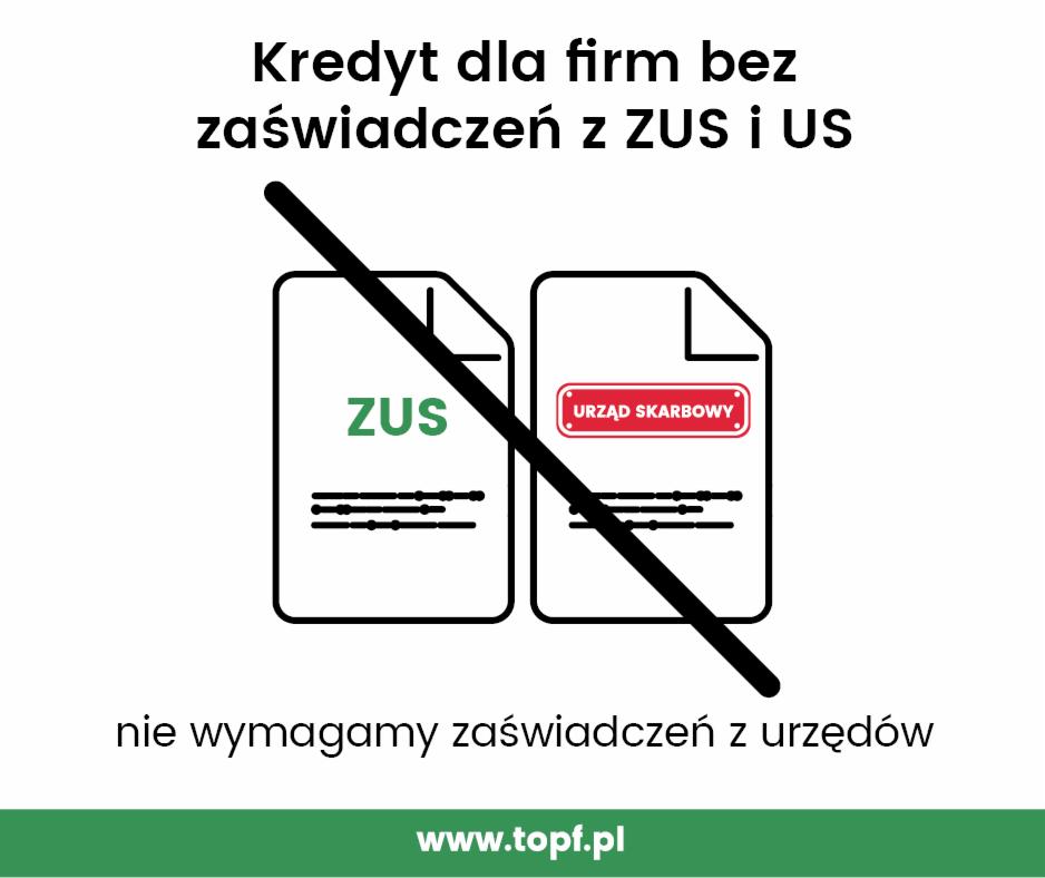 Grafika informacyjna: schematyczne dokumenty z ZUS i Urzędu Skarbowego przekreślone, komunikat o braku wymogu zaświadczeń, adres strony internetowej.