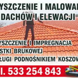 Reklama usług: czyszczenie i malowanie dachów i elewacji, czyszczenie i impregnacja kostki brukowej, usługi podnośnikiem koszowym. Na pierwszym planie czerwony dach z dachówki ceramicznej,...