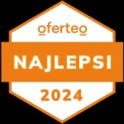 Pomarańczowa odznaka Oferteo z napisem 'NAJLEPSI 2024' na białym tle w kształcie sześciokąta.