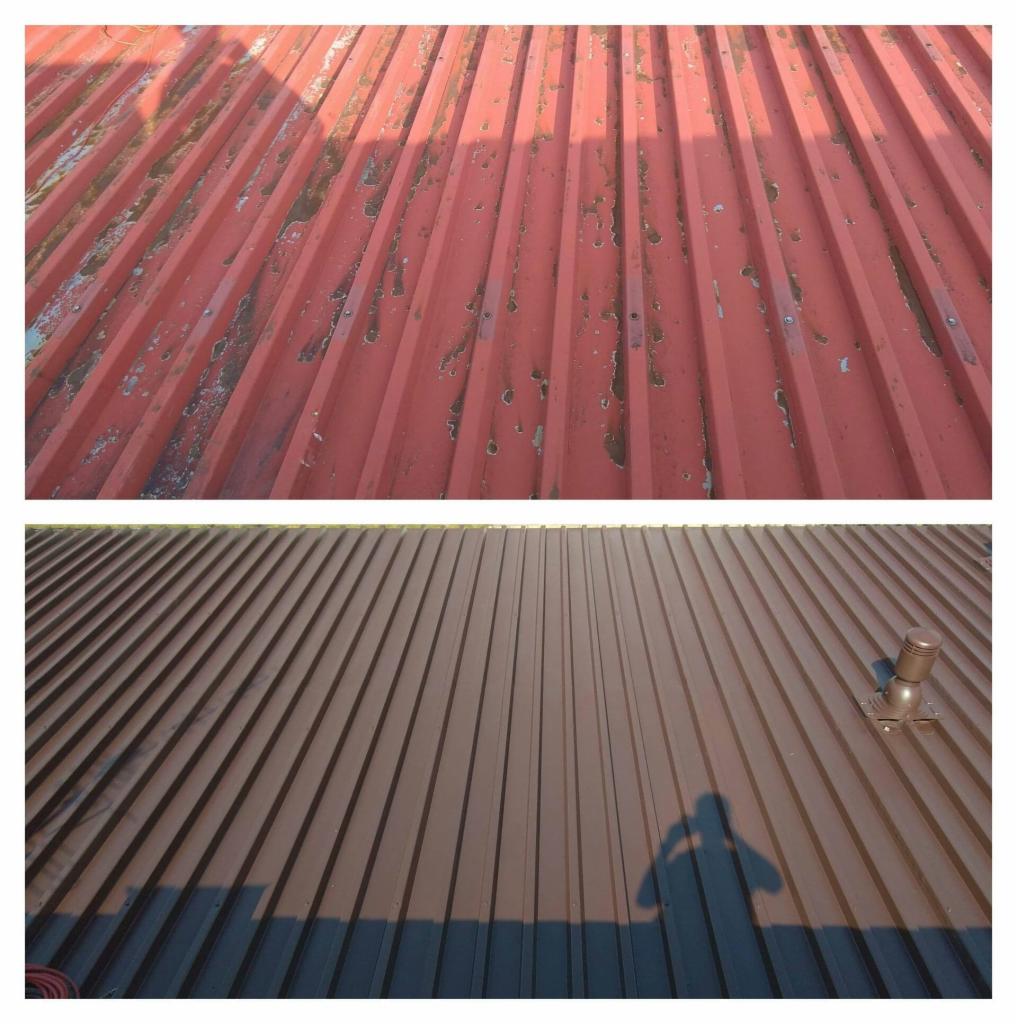 Porównanie: Czerwony, zniszczony dach z blachy trapezowej przed renowacją i brązowy, odnowiony dach z widocznym cieniem osoby robiącej zdjęcie.