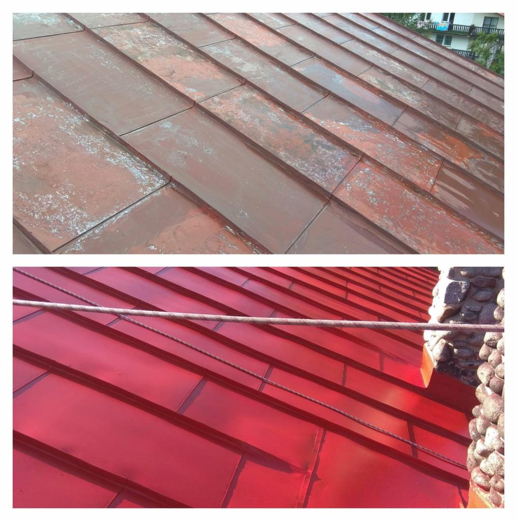 Porównanie dachu przed i po malowaniu: górna część z widocznymi śladami zabrudzeń i odbarwień, dolna część pomalowana na jaskrawy czerwony kolor.