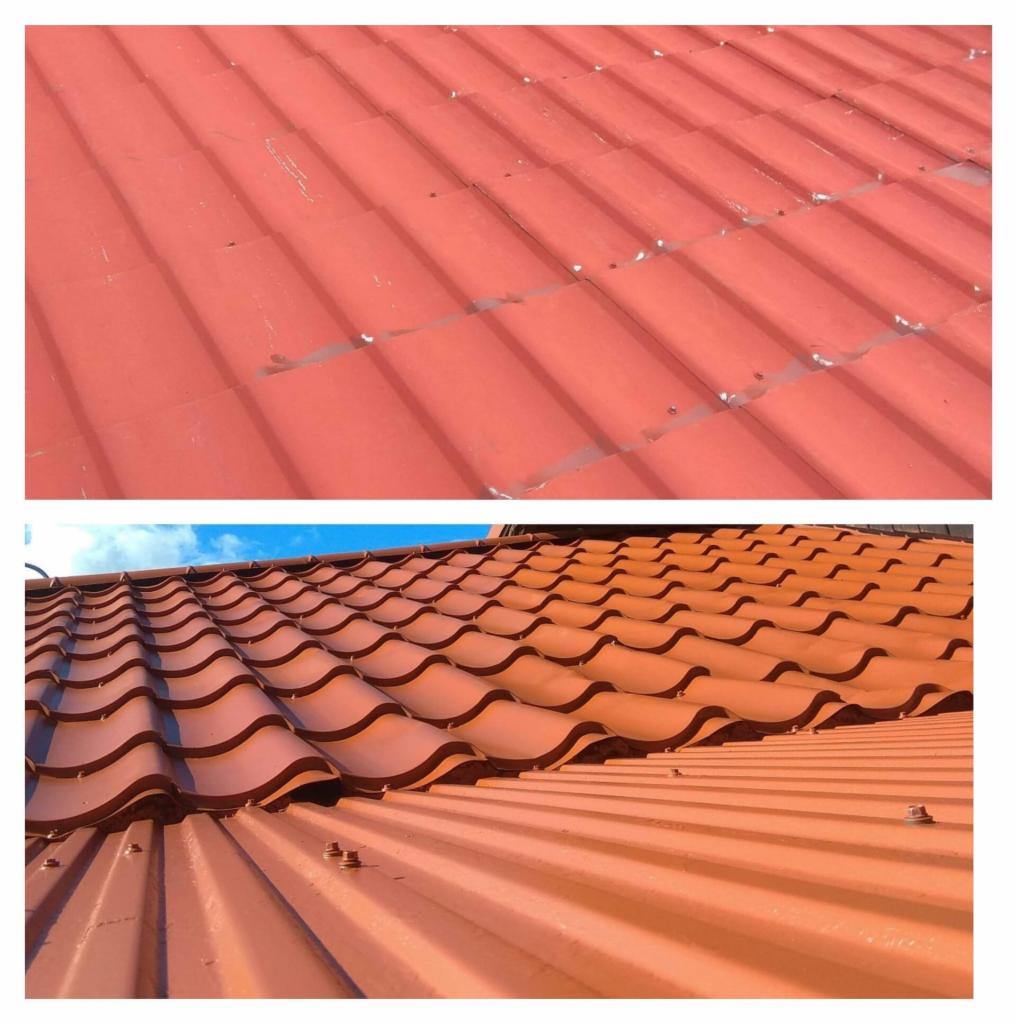 Porównanie dwóch typów pokrycia dachowego w odcieniach czerwieni: górna część to płaska blacha z widocznymi łączeniami, dolna część to dachówka ceramiczna falista z widocznymi śrubami mocującymi.