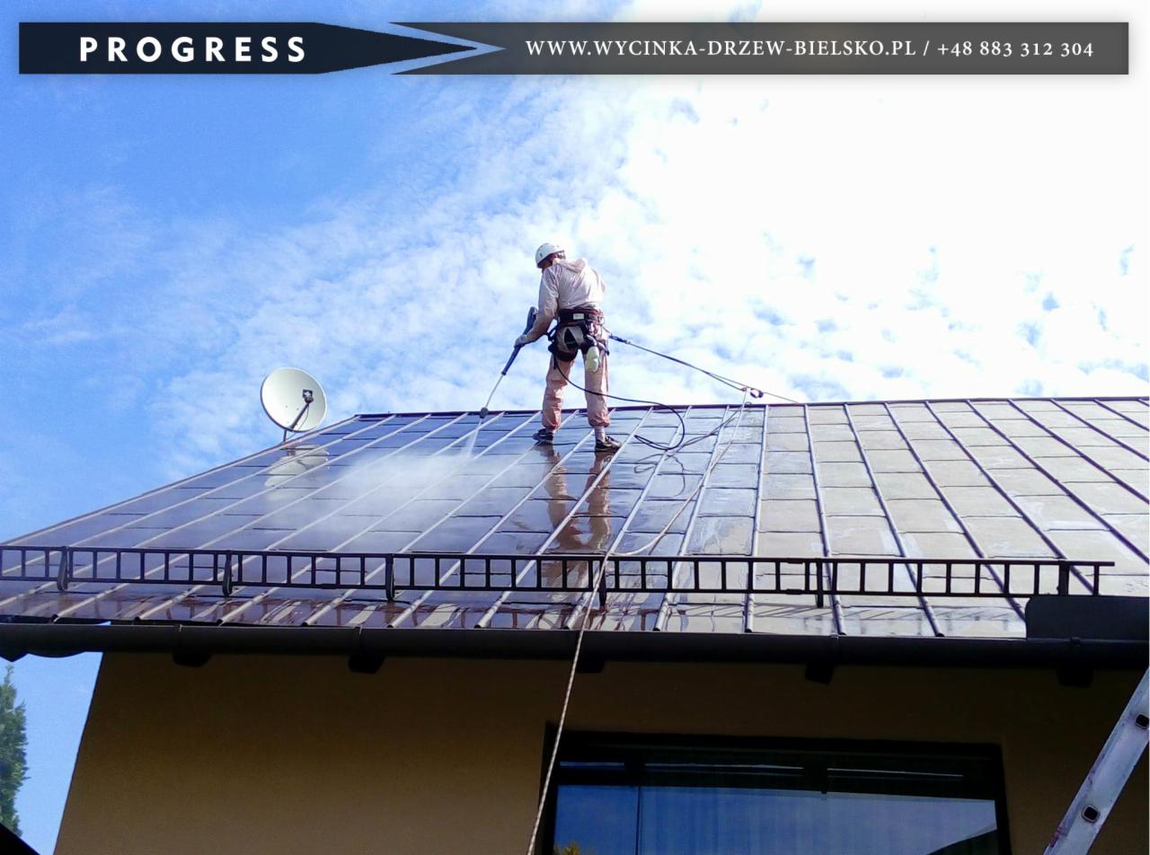 Pracownik w uprzęży, myjący dach z metalowych paneli za pomocą myjki ciśnieniowej; widoczny fragment budynku z anteną satelitarną.
