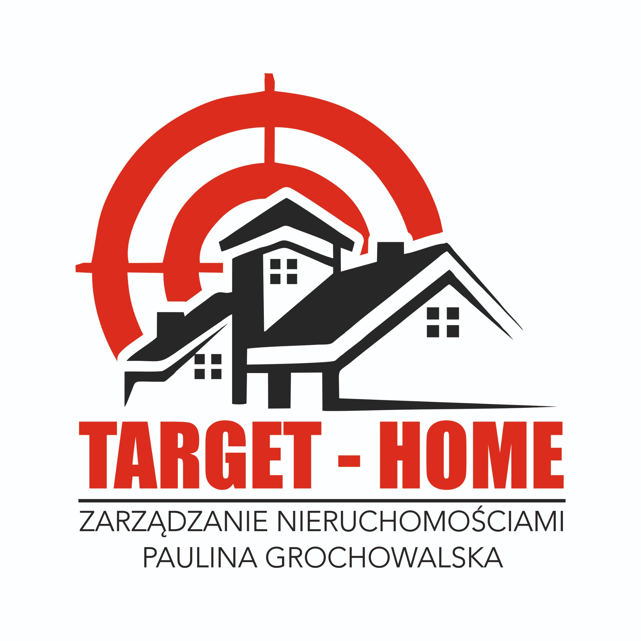 Logo firmy Target-Home Zarządzanie Nieruchomościami Paulina Grochowalska, przedstawiające trzy czarne sylwetki domów nałożone na czerwoną tarczę strzelniczą.