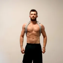 Mężczyzna z brodą, w sportowych szortach i skarpetkach, z koszulką przerzuconą przez ramiona, prezentuje wyrzeźbioną sylwetkę na tle jasnej ściany.