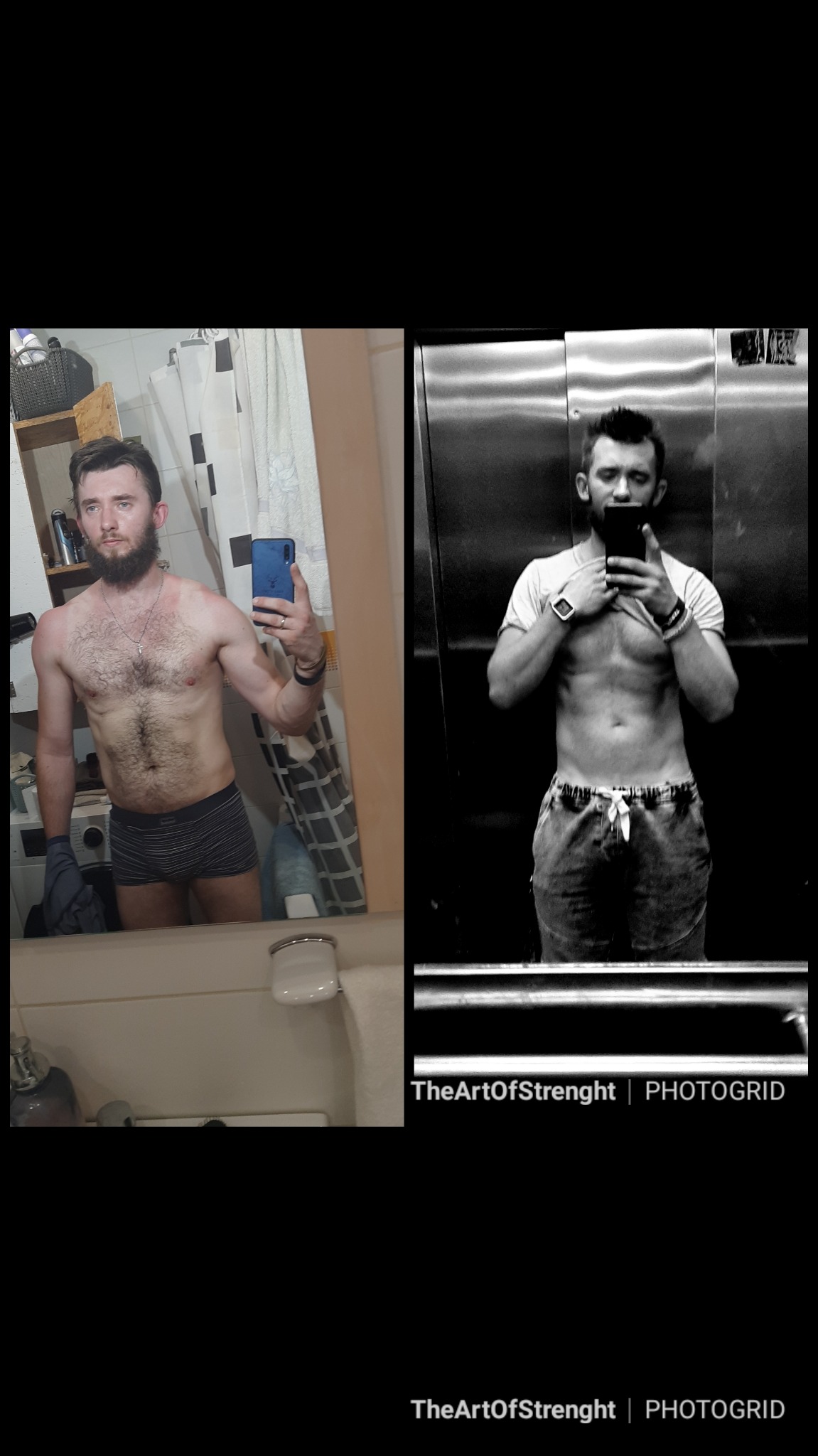 Mężczyzna prezentuje efekty treningu personalnego, porównanie sylwetki przed i po, zdjęcia zrobione w łazience i windzie.
