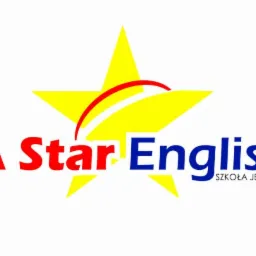 Logo szkoły językowej A Star English z żółtą gwiazdą i czerwoną wstęgą nad napisem.