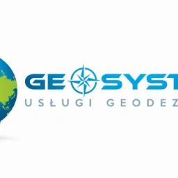 Logo firmy Geosystem Usługi Geodezyjne z globusem i strzałką skierowaną ku górze, stylizowane na kompas.
