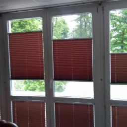 Brązowe, plisowane osłony okienne zamontowane w białych ramach okiennych; widok na zieleń za oknem.