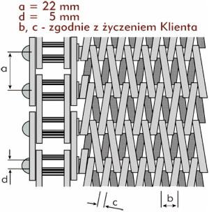 Schemat techniczny splotu metalowej konstrukcji z wymiarami a=22mm, d=5mm, b i c zgodnie z życzeniem klienta.