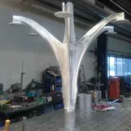 Konstrukcja metalowa przypominająca drzewo, wykonana z aluminium, widoczna w warsztacie na perforowanym stole spawalniczym, z narzędziami w tle.