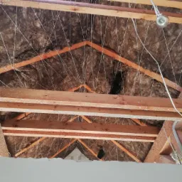 Izolacja poddasza z wełny mineralnej, widoczne drewniane krokwie, sznurki podtrzymujące izolację, przewody elektryczne i lampa halogenowa