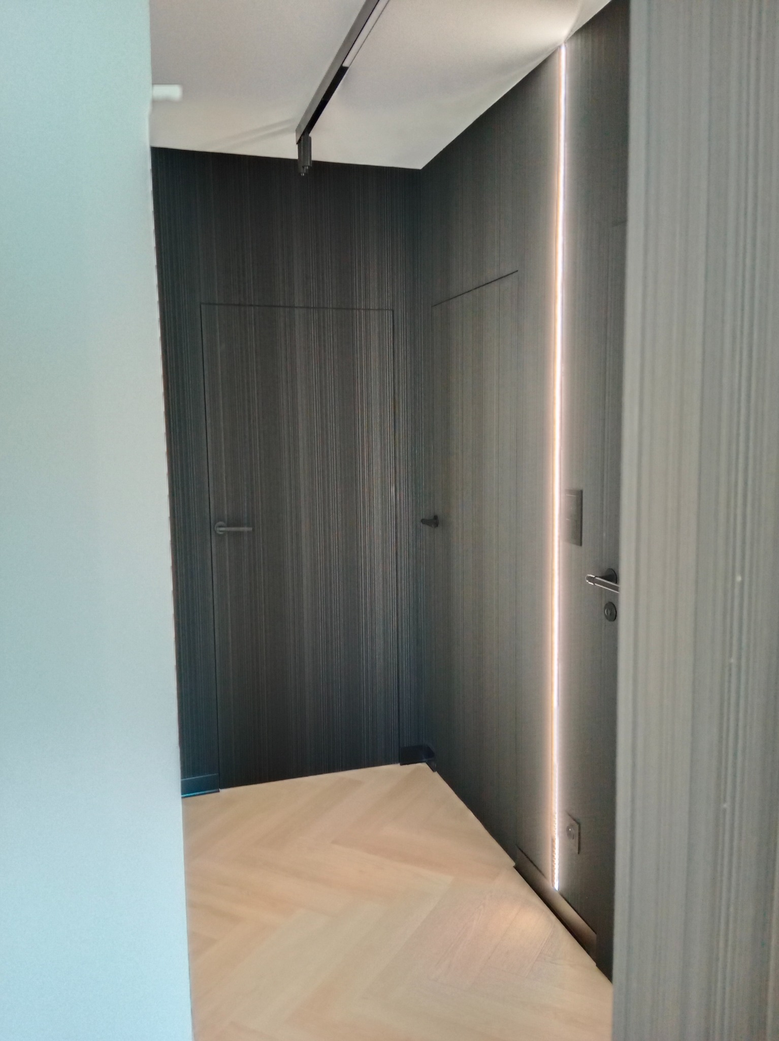 Nowoczesne wnętrze: ciemnoszara ściana z ukrytymi drzwiami i pionowym oświetleniem LED, jasna podłoga z parkietu ułożonego w jodełkę.