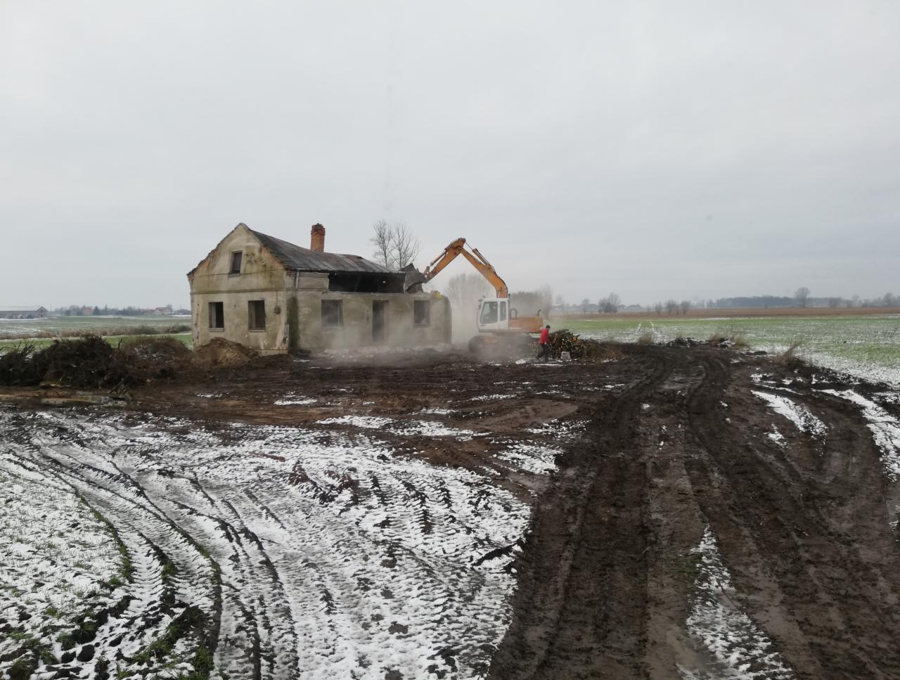 Pomarańczowa koparka burzy stary, zniszczony budynek na zaśnieżonym, błotnistym terenie, widoczny stos gałęzi i drzew