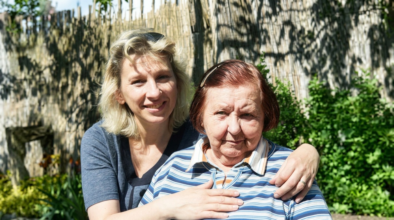 Uśmiechnięta kobieta obejmuje starszą panią na tle zieleni i drewnianego płotu. Przyjazna atmosfera, opieka i wsparcie w słoneczny dzień.