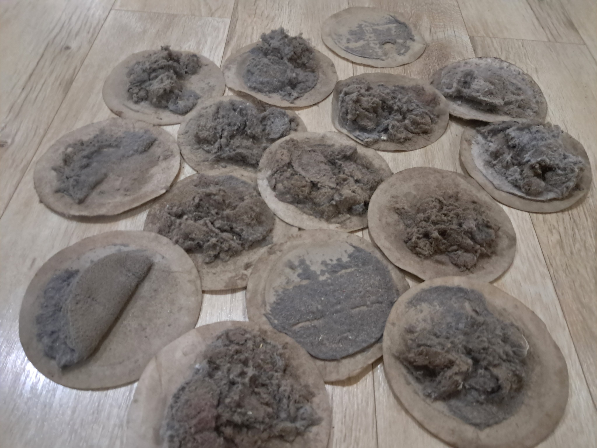 Kolekcja okrągłych filtrów z zebranym brudem i kurzem po czyszczeniu tapicerki, ukazująca efektywność procesu. Widoczne drobinki i włókna na beżowym tle.