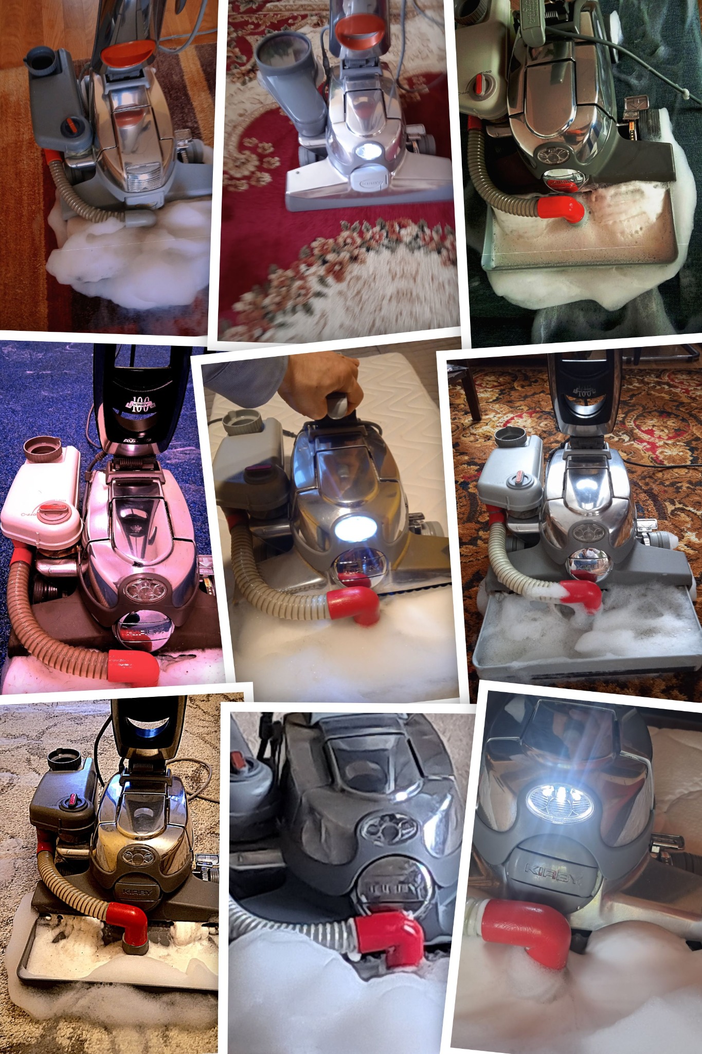 Kolaż zdjęć przedstawia odkurzacz piorący Kirby w trakcie pracy, z widoczną pianą na różnych powierzchniach: dywanach, materacu. Różne ujęcia i kąty pokazują detale urządzenia.