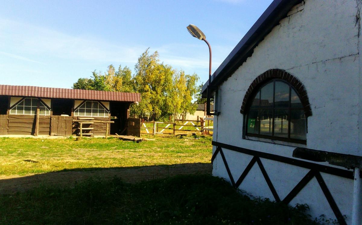 Zewnętrzny widok stajni z drewnianymi boksami i białym budynkiem z łukowym oknem, oświetlonych przez latarnię na tle zieleni i błękitnego nieba.