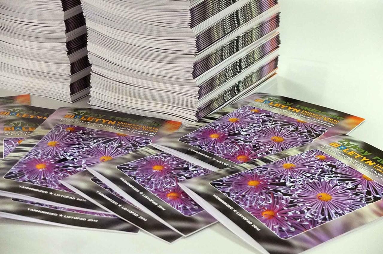 Stosy świeżo wydrukowanych, błyszczących biuletynów z motywem fioletowych astrów, leżące na białym tle, z widocznymi detalami tekstu 'Tarnobrzeg * Listopad 2014'.