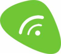 Zielony, zaokrąglony kształt z białym symbolem bezprzewodowej łączności Wi-Fi.