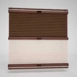 Beżowo-brązowa roleta rzymska plisowana, częściowo zwinięta, z widocznym mechanizmem sterującym.