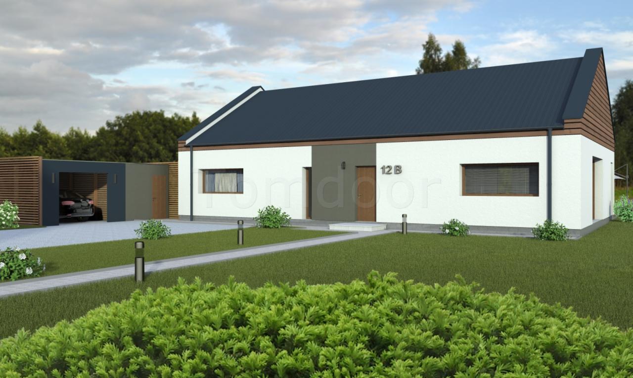 Wizualizacja nowoczesnego, parterowego domu z ciemnym dachem, garażem z drewnianymi przesłonami i zadbanym ogrodem z niskimi krzewami i ścieżką z kostki.