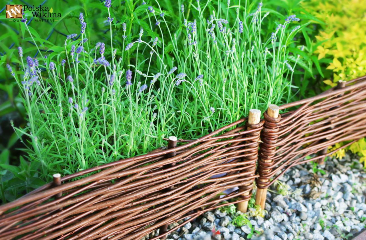 Niski, pleciony płotek z brązowych gałązek w ogrodzie, z widoczną lawendą w tle, na tle szarych kamieni i zielonej roślinności.
