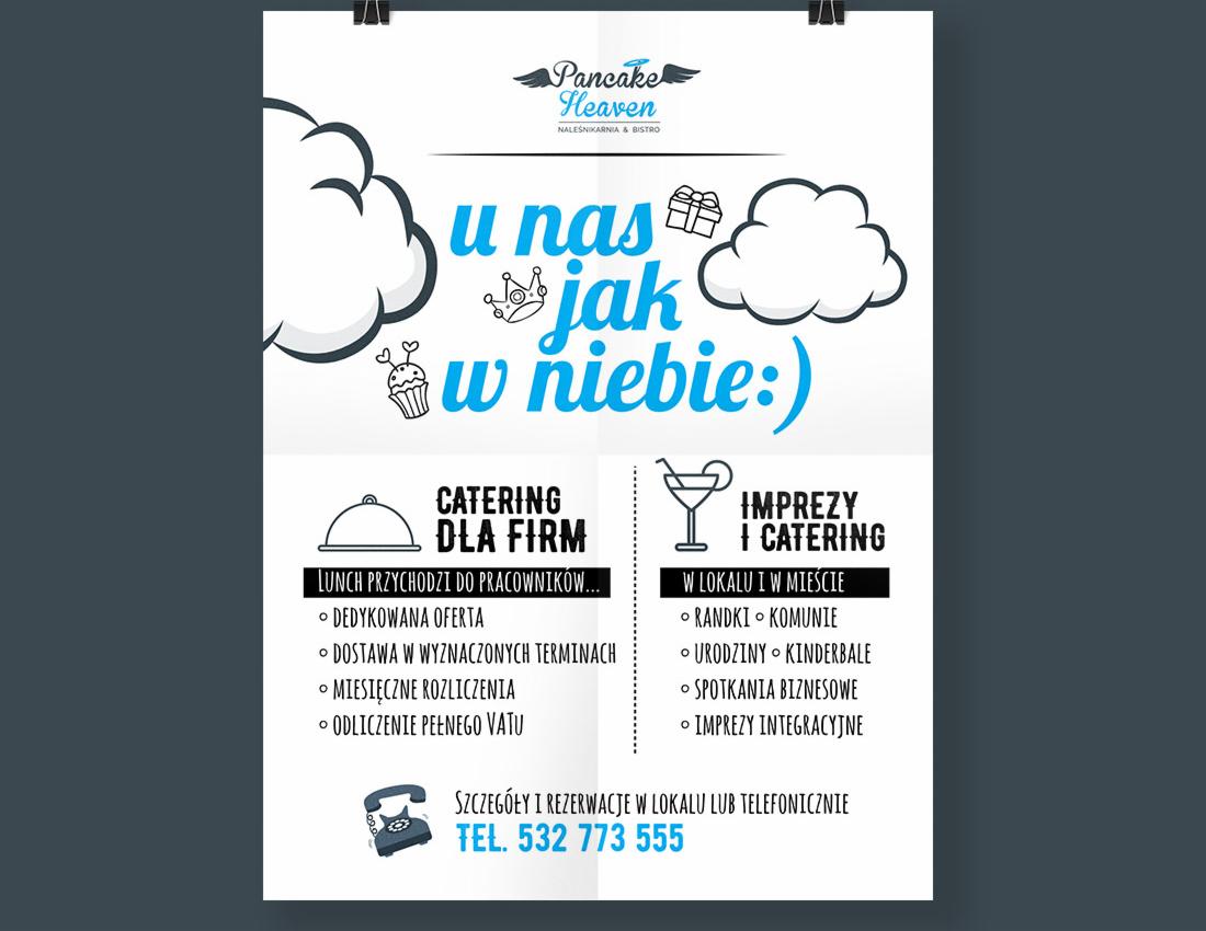 Plakat reklamowy naleśnikarni i bistro Pancake Heaven, oferujący catering dla firm i imprezy z cateringiem, z graficznymi elementami chmur, prezentu i babeczki.