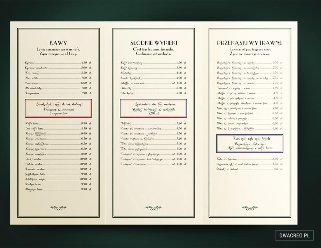 Menu kawiarni w stylu retro, z listą kaw, słodkich wypieków i przekąsek wytrawnych, prezentowane w trzech kolumnach z dekoracyjnymi ramkami.
