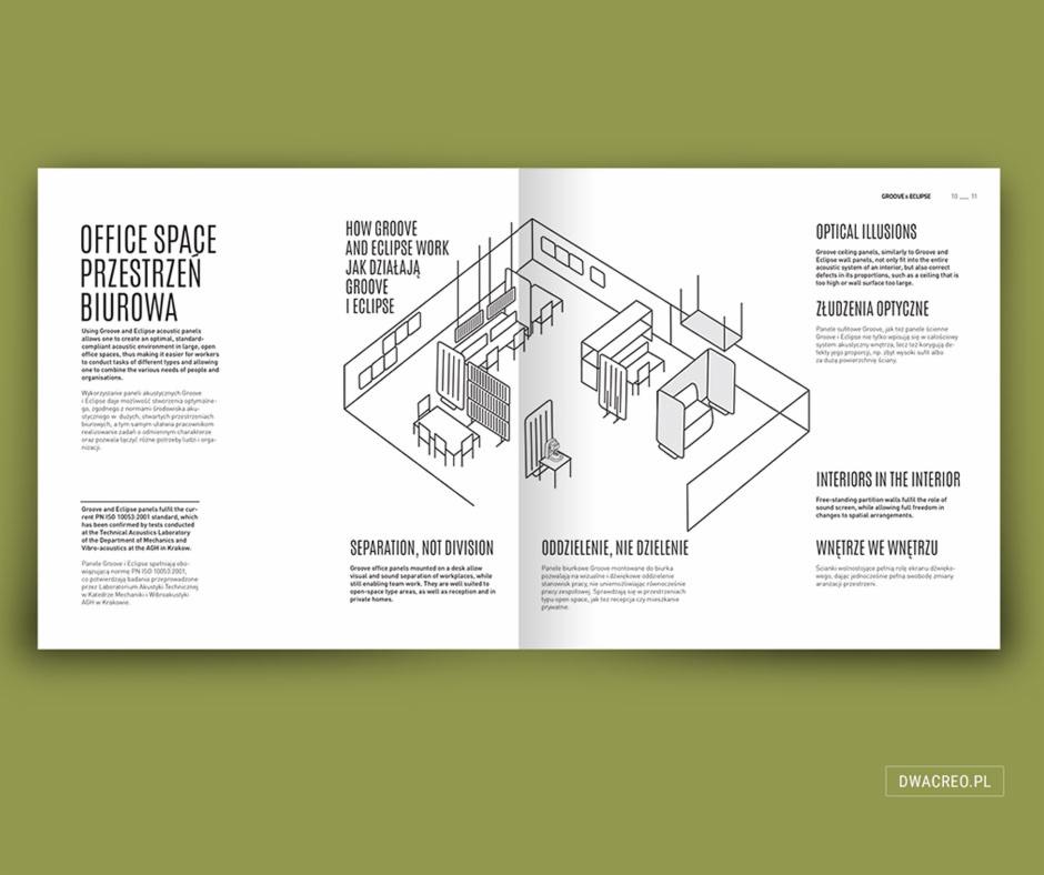 Schematyczne wizualizacje akustycznych paneli biurowych Groove i Eclipse w układzie open space, przedstawione w formie rysunku technicznego z polskimi i angielskimi opisami.