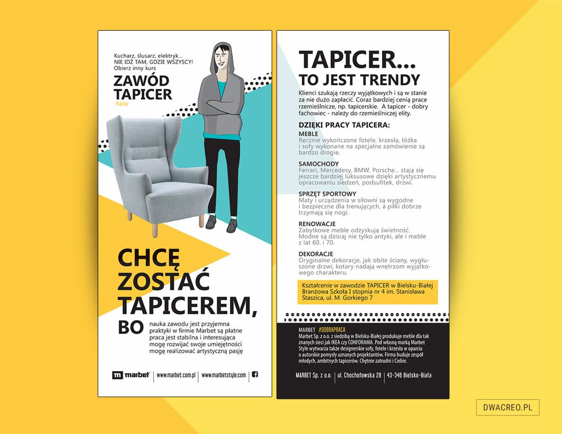 Grafika reklamowa kursu tapicerskiego z ilustracją fotela klubowego i postaci w stylu kreskówkowym, zachęcająca do nauki zawodu tapicera.