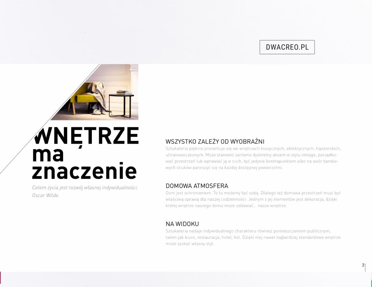 Grafika reklamowa z fragmentem wizualizacji wnętrza: żółty fotel z narzuconym pledem i stolik kawowy na tle jasnej ściany, obok tekst 'Wnętrze ma znaczenie' i logo dwacreo.pl.