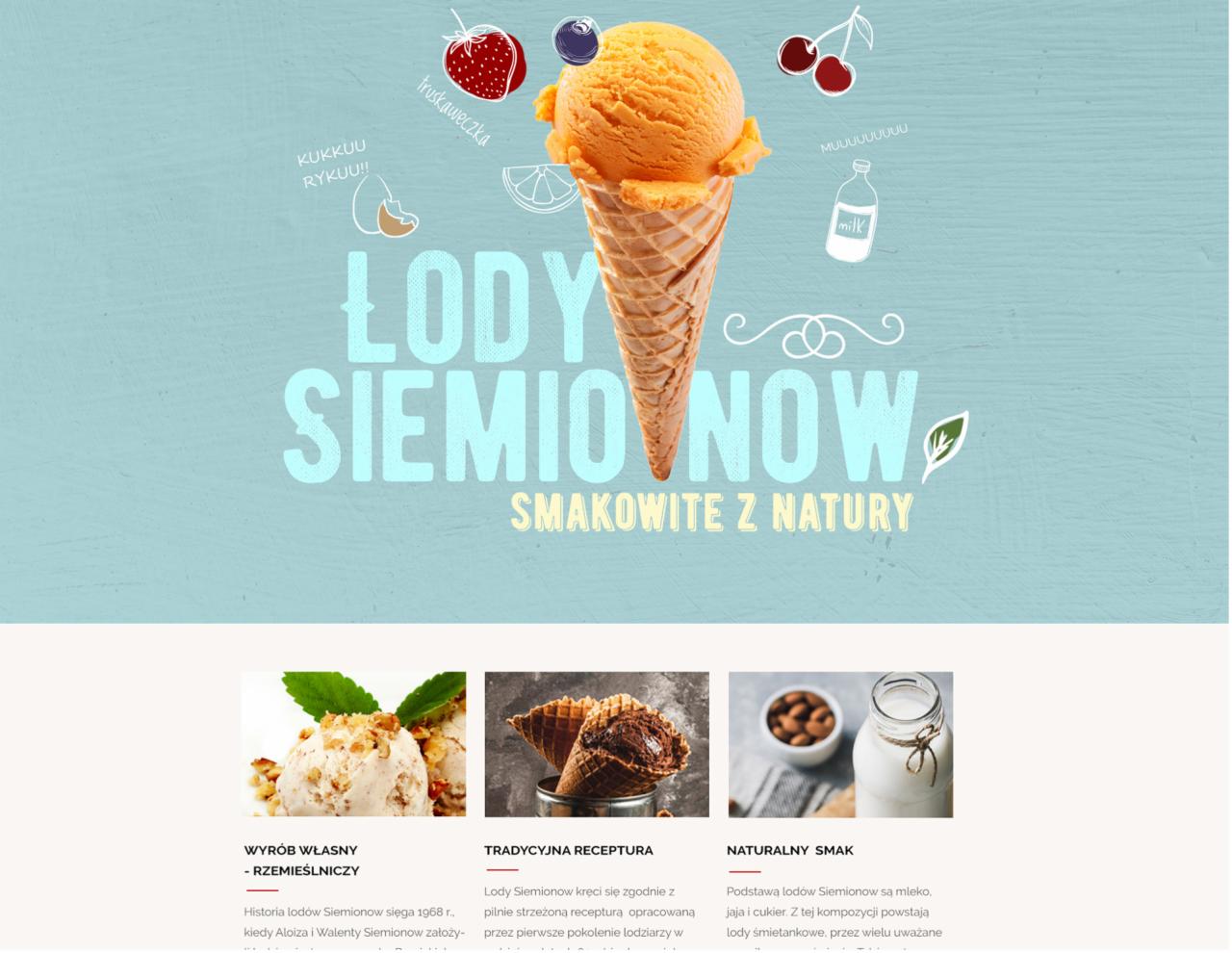 Reklamowa grafika lodów Siemionow z pomarańczową gałką w waflu, otoczona rysunkami owoców i napisem 'Smakowite z natury' na pastelowo-błękitnym tle.