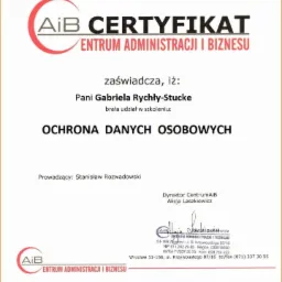 Skan certyfikatu ukończenia szkolenia z zakresu Ochrony Danych Osobowych, wydany przez Centrum Administracji i Biznesu, z datą wystawienia 5 kwietnia 2011, podpisany przez dyrektora Alicję...
