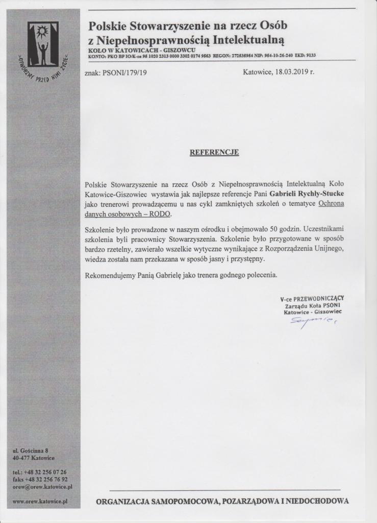 Skan dokumentu referencyjnego od Polskiego Stowarzyszenia na rzecz Osób z Niepełnosprawnością Intelektualną, wystawionego w Katowicach, Giszowcu, z datą 18.03.2019 r., z pieczątką i podpisem...