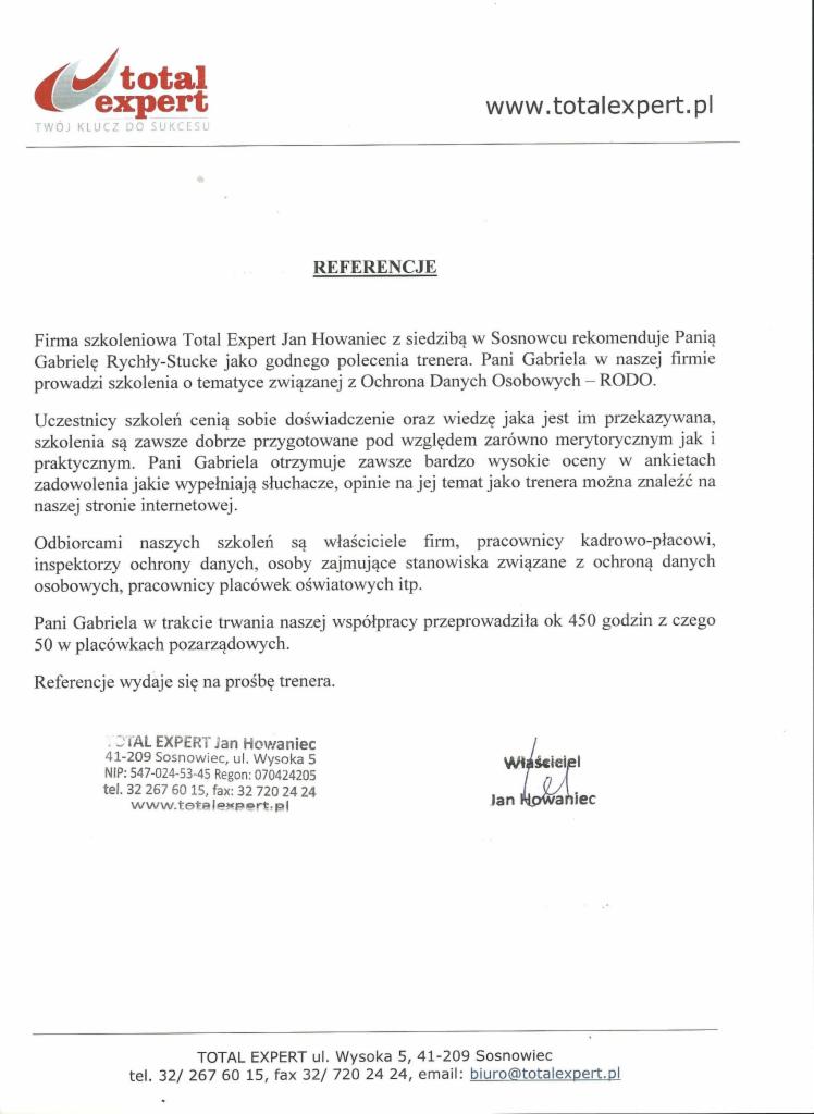Skan referencji firmy szkoleniowej Total Expert Jan Howaniec, rekomendującej trenerkę Gabrielę Rychły-Stucke za prowadzenie szkoleń z zakresu Ochrony Danych Osobowych (RODO). W dokumencie widoczne...