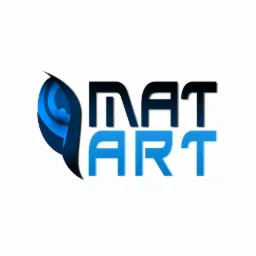 Logo firmy 'MAT ART' z abstrakcyjnym elementem graficznym w kolorze niebieskim po lewej stronie, na białym tle.