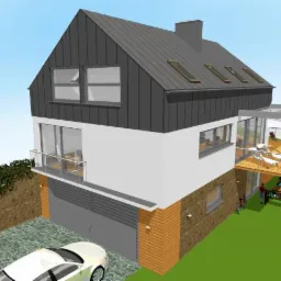 Wizualizacja 3D nowoczesnego domu z garażem, balkonem z meblami ogrodowymi i osobami, ukazana z perspektywy z góry. Dom ma szary dach, białe ściany i drewniane akcenty. Na podjeździe stoi biały...