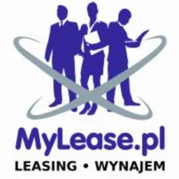 Logo firmy MyLease.pl z trzema sylwetkami osób w garniturach, otoczone srebrnymi orbitami. Pod spodem napis 'LEASING • WYNAJEM' w kolorze czarnym.