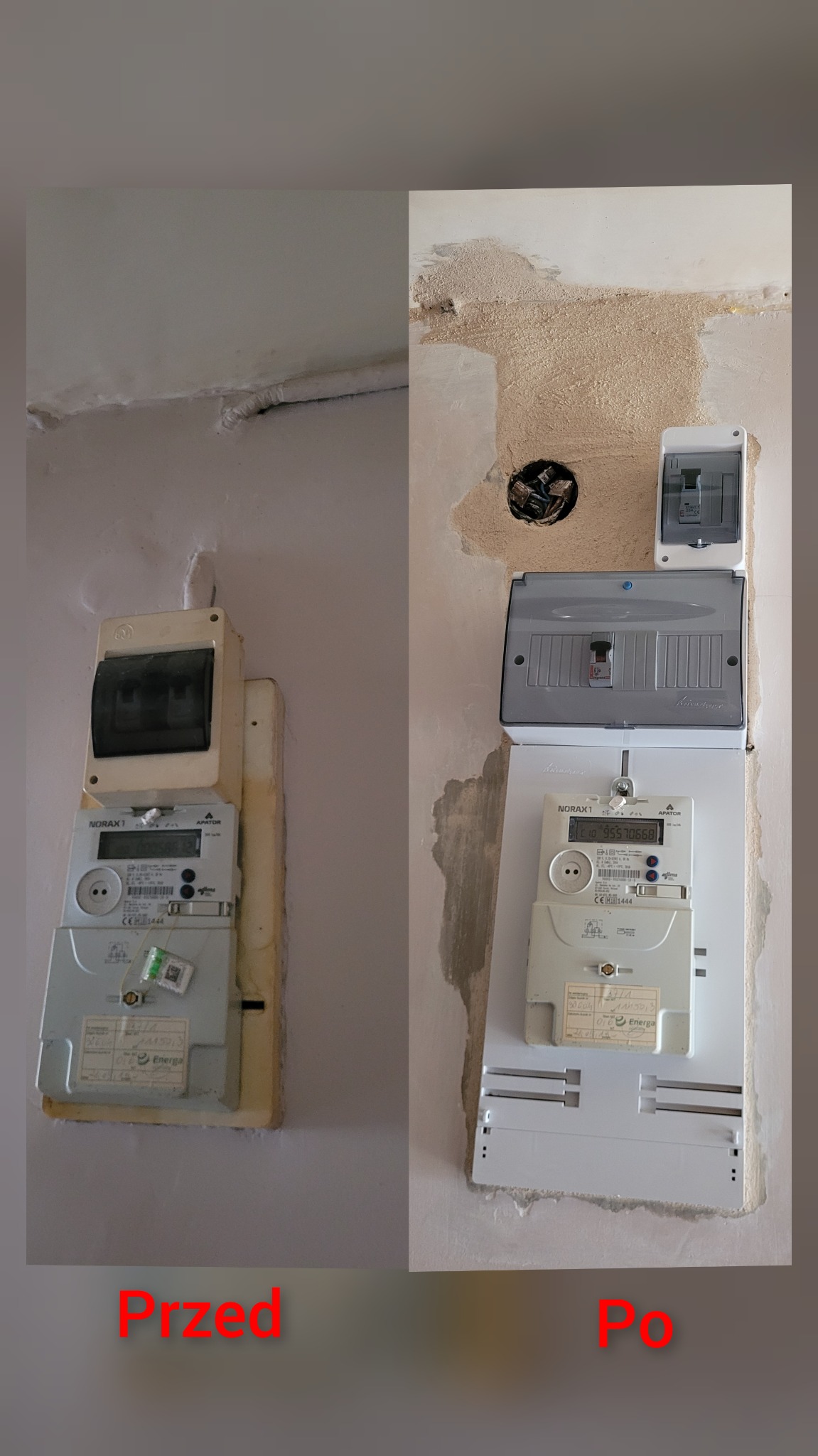Porównanie stanu licznika elektrycznego przed i po wymianie: stary, pożółkły licznik po lewej, nowy, biały licznik z nową obudową i skrzynką bezpiecznikową po prawej stronie, widoczne ślady po...